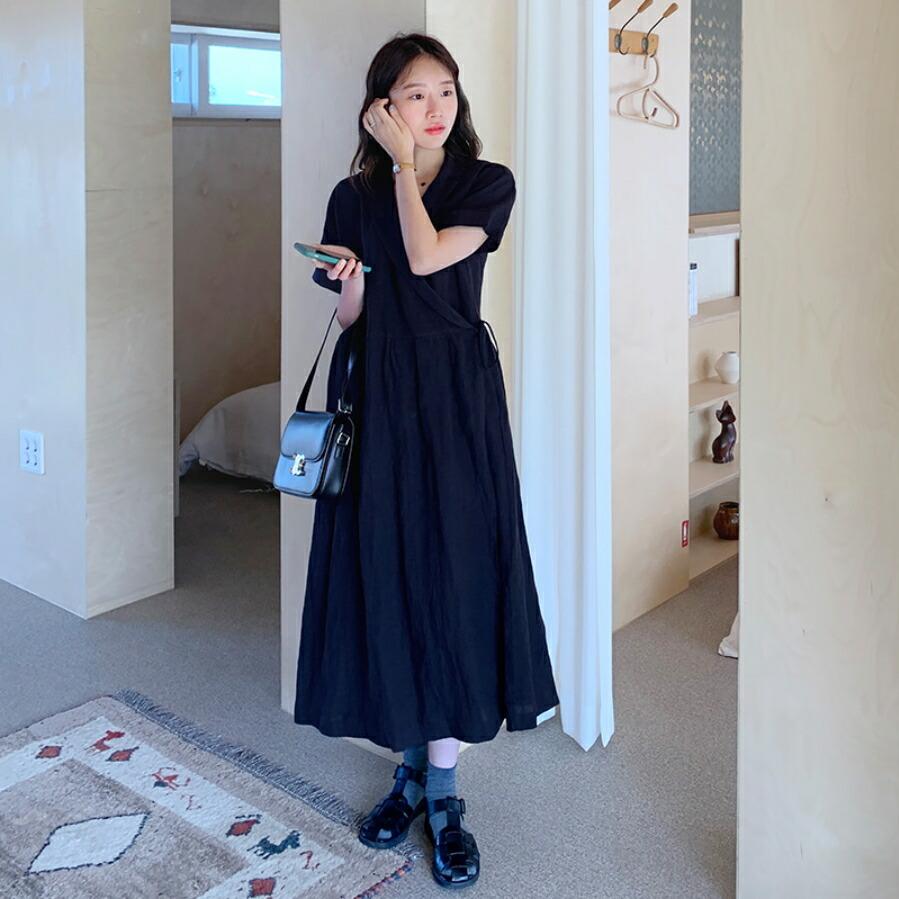 ワンピース ロングワンピース マキシ Vネック ラップ カシュクール ゆったり ルーズ 半袖 ハーフスリーブ 麻 無地 マタニティ 春 夏 ロング丈 Dholic 通販 Paypayモール