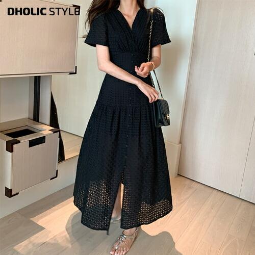 ワンピース ロング ロングワンピース パンチング アイレット レース 半袖 ハーフスリーブ マキシー フレア きれいめ カジュアル 夏 ロング丈 Dholic 通販 Paypayモール