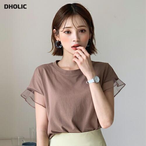 トップス Tシャツ 半袖 透け感 シースルー シアー 袖コンシャス メッシュ 単色 フェミニン フリルスリーブ 春 夏 Dholic 通販 Paypayモール