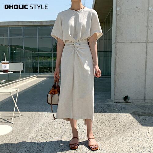 ワンピース ロングワンピース ラウンドネック 半袖 ハーフスリーブ 五分袖 Hライン 麻 ナチュラル 無地 上品 大人 夏 ロング丈 Dholic 通販 Paypayモール