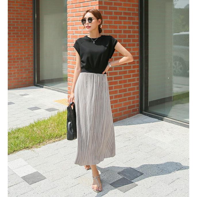 レディース ワンピース ロングワンピース キャップスリーブ プリーツ プリーツワンピース ラウンドネック 配色 大人 夏 Dholic 通販 Paypayモール