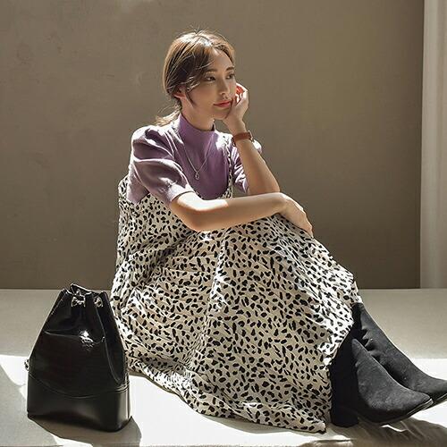 韓国ファッション ワンピース ロング キャミソール ノースリーブ スリーブレス Vネック フレア Aライン 柄 パターン レオパード ヒョウ柄 アニマル柄 秋 冬 春 Dholic 通販 Paypayモール