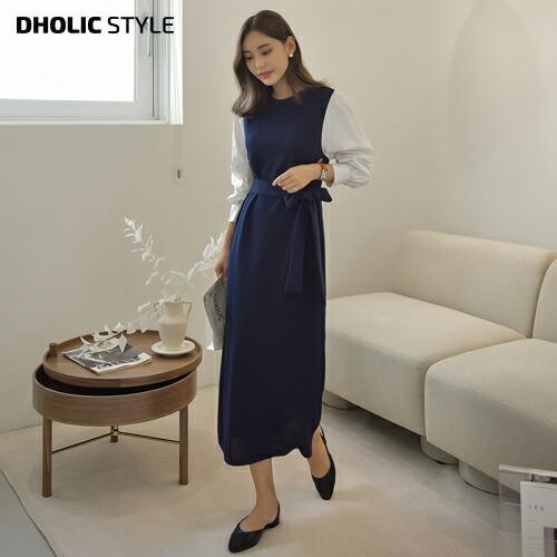 ワンピース Hライン ニット ラウンドネック 長袖 パフスリーブ ぼわん袖 コントラスト 袖コンシャス 秋 冬 春 ロング丈 Dholic 通販 Yahoo ショッピング