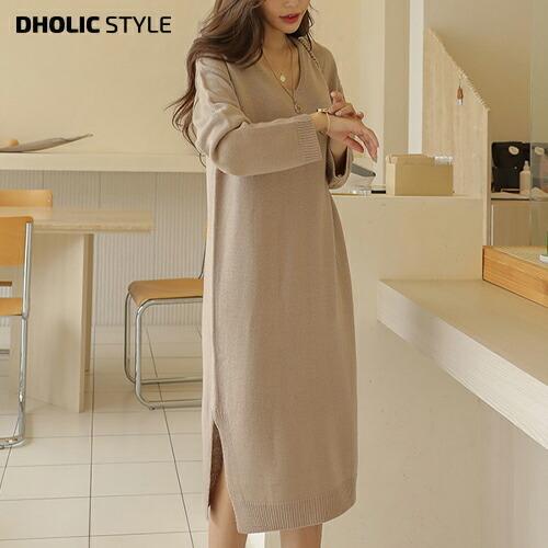 レディース 韓国 ファッション ワンピース ロング Hライン ストレート 長袖 ニット ルーズ ゆったり 大人 Vネック 無地 カジュアル 秋 冬 春 Dholic 通販 Paypayモール