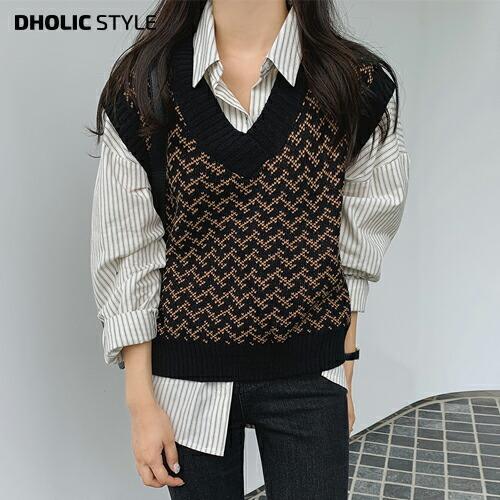 レディース 韓国 ファッション トップス ベスト ニットベスト Vネック ショート ルーズ ゆったり スクールルック スクールコーデ パターン 柄 秋 冬 カジュアル Dholic 通販 Paypayモール