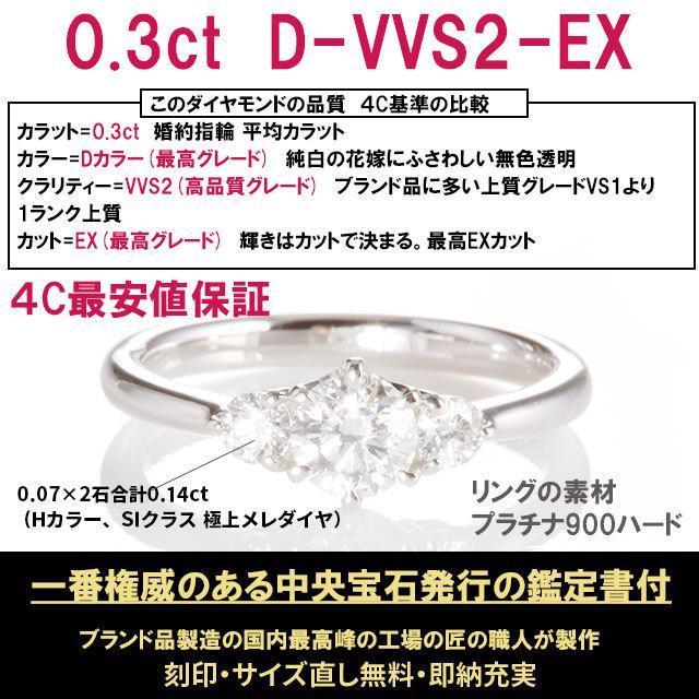 0.3ct D-VVS2-EX サイドダイヤ 婚約指輪 天然ダイヤモンド 鑑定書付