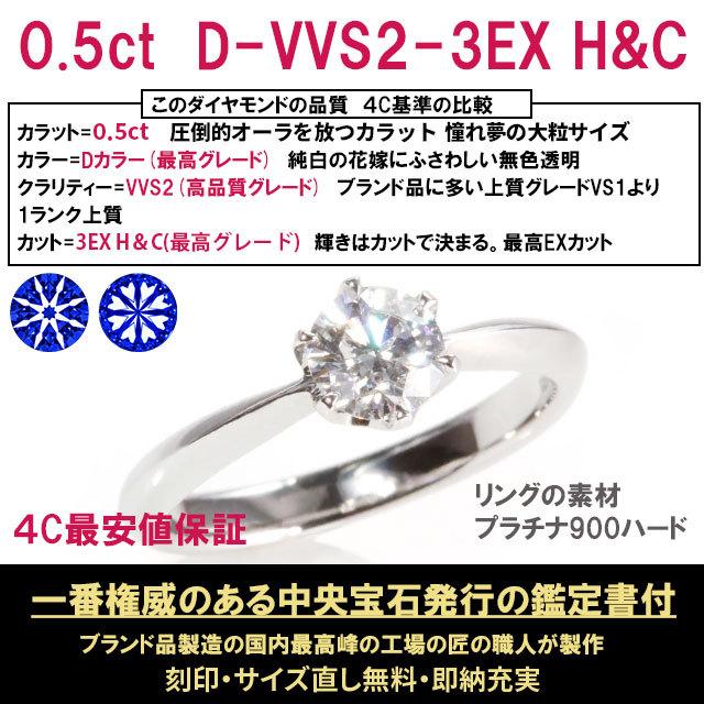 婚約指輪 0.5ct D-VVS2-3EX H&C ティファニー6本爪デザイン 一粒ダイヤ