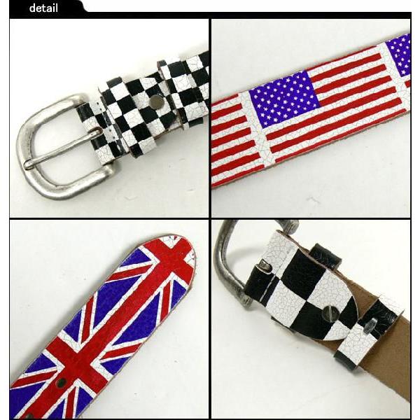 メンズ ベルト 国旗・チェッカーフラッグプリントクラックレザーベルト