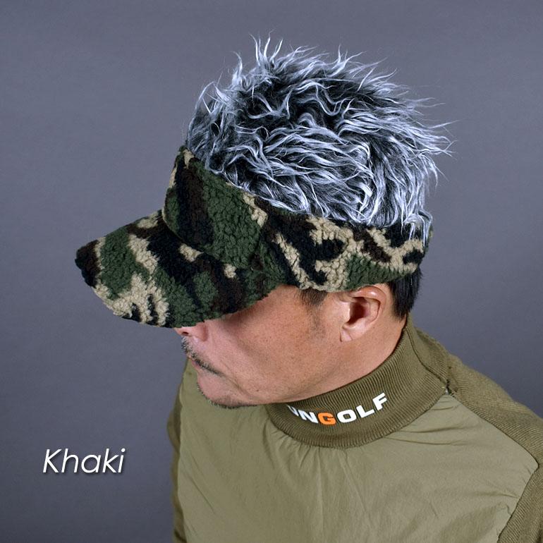 ゴルフ 帽子 冬 防寒 サンバイザー キャップ ウィッグ付き シルバー