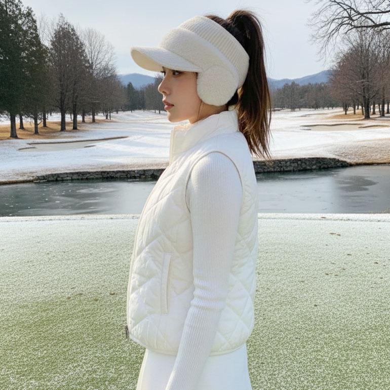 ゴルフ 帽子 秋冬 ニット帽 キャップ 耳当て 裏フリース サンバイザー