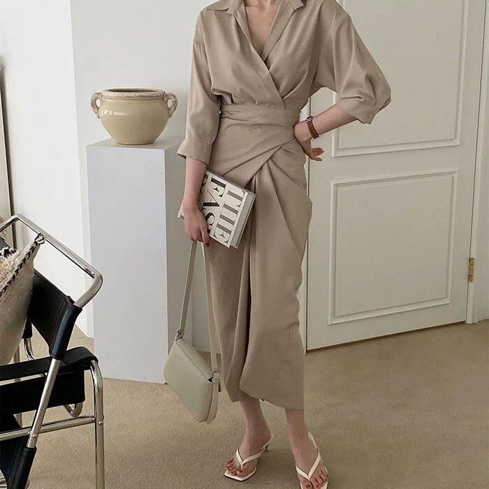 レディースファッション シリアルシール付 ワンピース ロングワンピ カシュクール シャツワンピ 袖あり レディース 七分袖 きれいめ カジュアル ミモレ丈 おしゃれ 大人 可愛い ワンピ ドレス タイト ウエ 743enbhn3y Guillermobogao Com