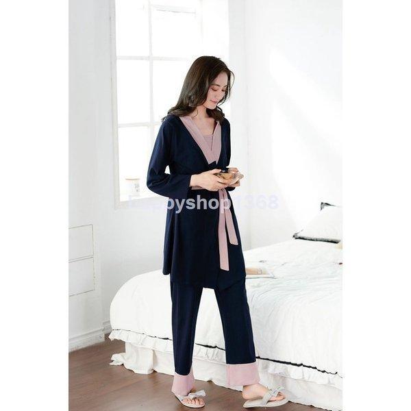 パジャマレディースルームウェア秋冬綿前開きセットアップ長袖3点セットロングパンツゆったり韓国風寝巻き部屋着寝間着婦人 数量は多