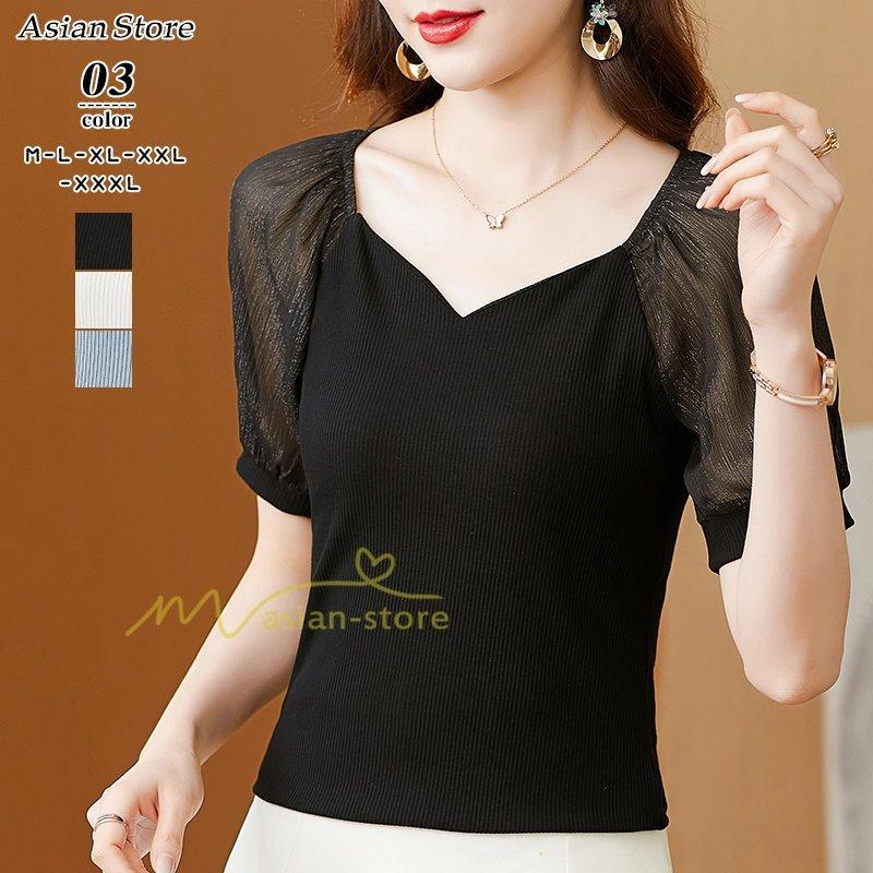シャツレディース春夏新作40代半袖ニットトップス無地tシャツvネック代30代40代50代エレガントカジュアル着痩せファッション上品お出かけ 本物品質の