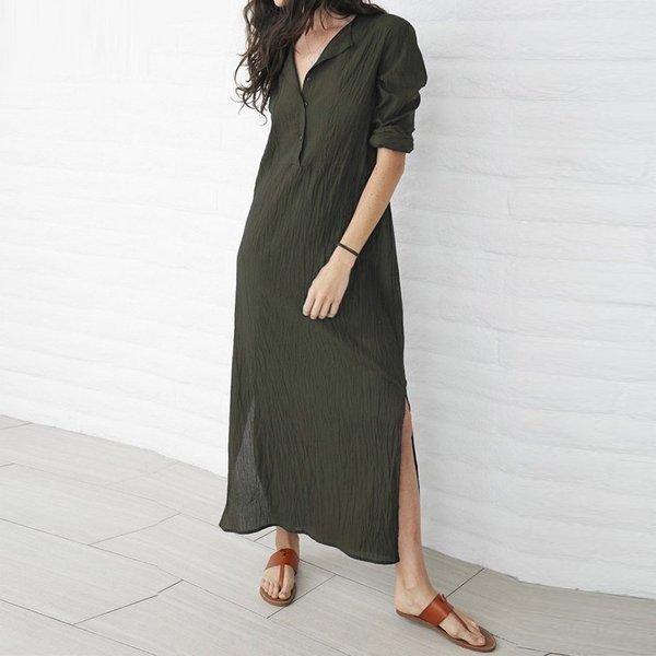 15最新作 ロングワンピース春レデイースシャツワンピースロング丈長袖vネックコットンリネンワンピース大きいサイズ無地ゆったり30代40代50代春コーデ Www Hirshmark Com