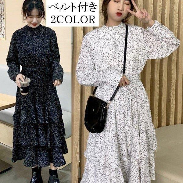 激安店舗 ワンピースレディースワンピオシャレ花柄長袖ロング丈ワンピースコーデミモレ丈フリルaラインベルト付きワンピ19着痩せ黒白 ワンピース カラー ブラック Www Fcc Com Br