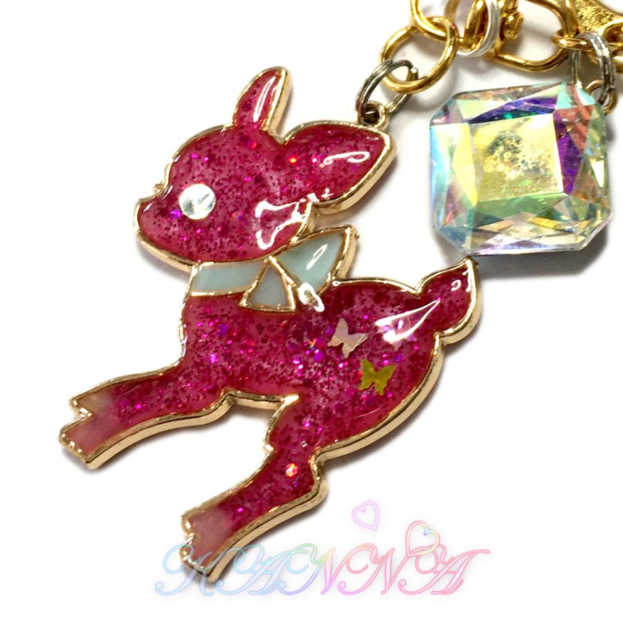 ローズピンクの可愛いバンビさんキーホルダーレジン製 ビジュー付き by