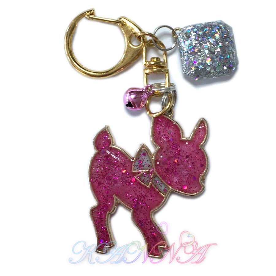 ローズピンクの可愛いバンビさんキーホルダーレジン製 ビジュー付き by