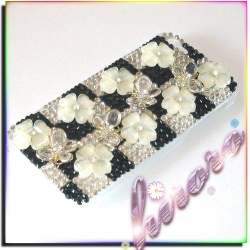 iPhone5/5sケース 市松柄 蝶々＆フラワー スワロフ代用ラインストーン | 