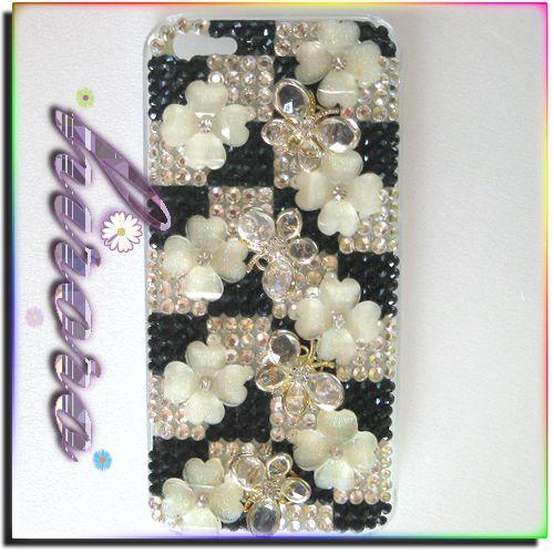 iPhone5/5sケース 市松柄 蝶々＆フラワー スワロフ代用ラインストーン |  | 01