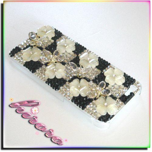 iPhone5/5sケース 市松柄 蝶々＆フラワー スワロフ代用ラインストーン |  | 03