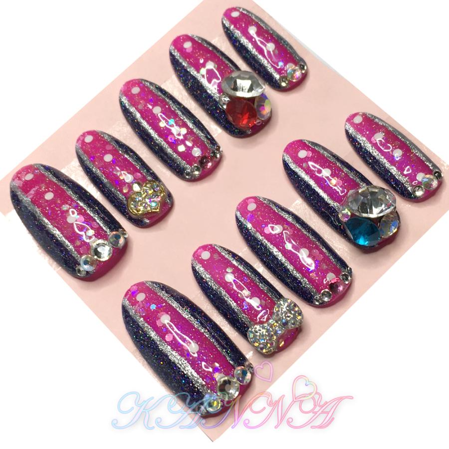 ピンクパープルとネイビーブルーのストライプartistic nail