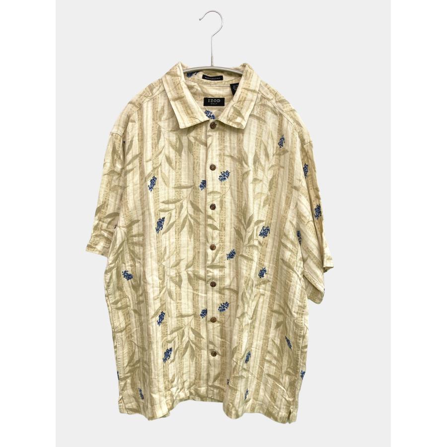 IZOD アイゾッド シャツ/ブラウス L ベージュ リネン・麻 シルク ストライプ柄 花柄・ボタニカル柄 半袖 ミドル丈 レギュラーカラー メンズ | 