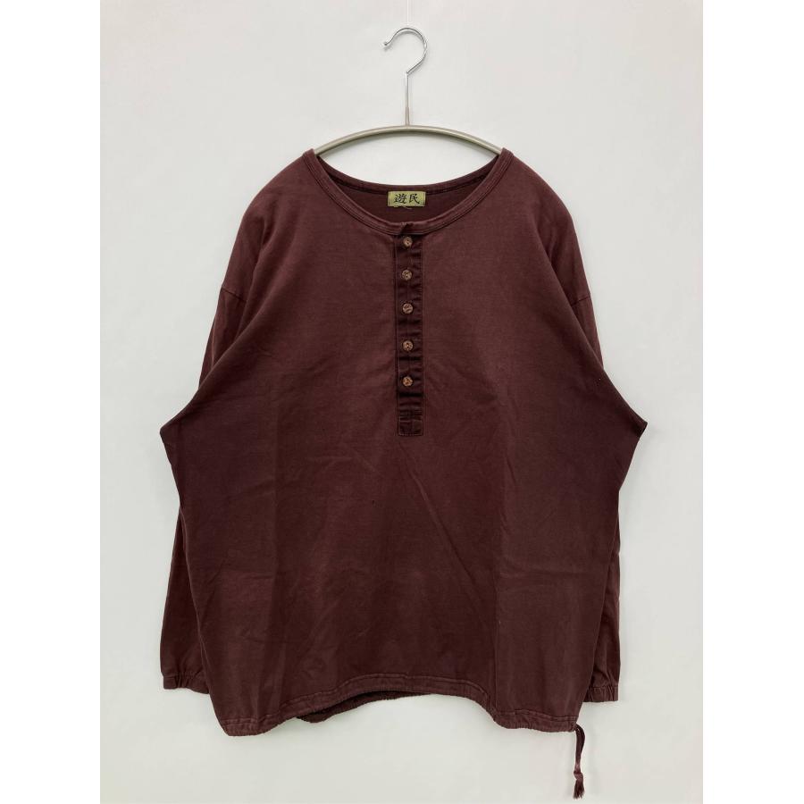 遊民 Tシャツ/カットソー パープル 無地 ミドル丈 長袖 ヘンリーネック クルーネック(丸首) メンズ レディース | 