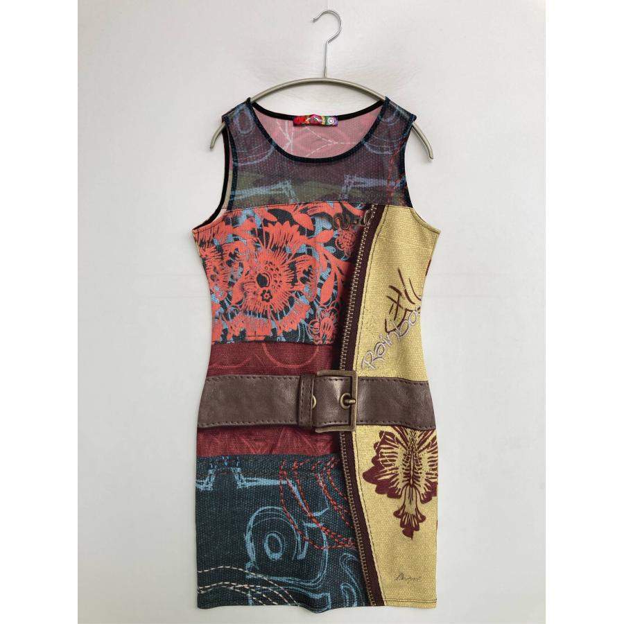 Desigual デシグアル ワンピース M ブラウン 花柄・ボタニカル柄 ブランドロゴ その他総柄 袖なし ショート・ミニ丈 タイト レディース | Desigual