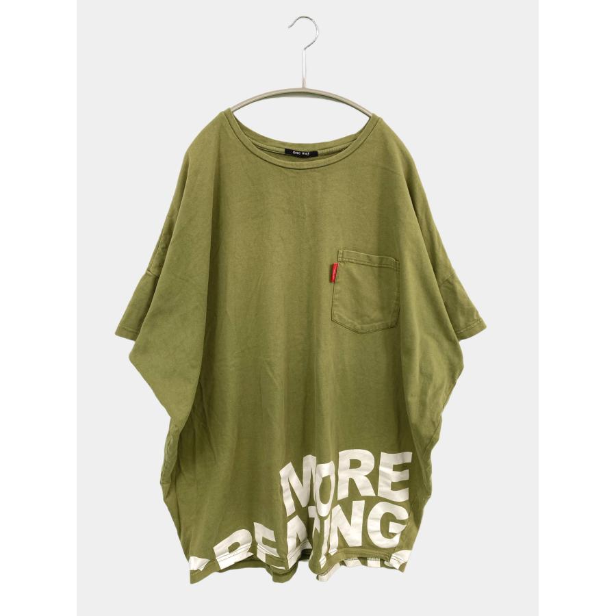 One Way ワンウェイ Tシャツ/カットソー M カーキ 前面プリント バックプリント ミドル丈 半袖 クルーネック(丸首) レディース | 
