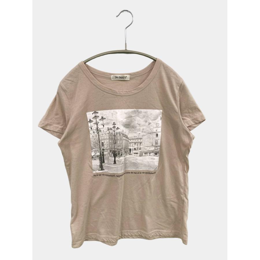 TM-PARTY ティーエムパーティー Tシャツ/カットソー M ベージュ 前面プリント ミドル丈 半袖 クルーネック(丸首) レディース | 