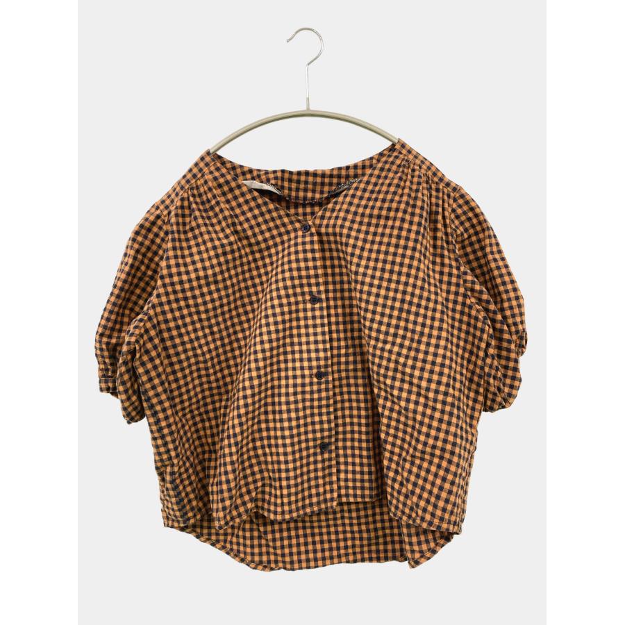 merlot メルロー シャツ/ブラウス FREE オレンジ コットン チェック柄 ショート丈 半袖 ノーカラー レディース | 