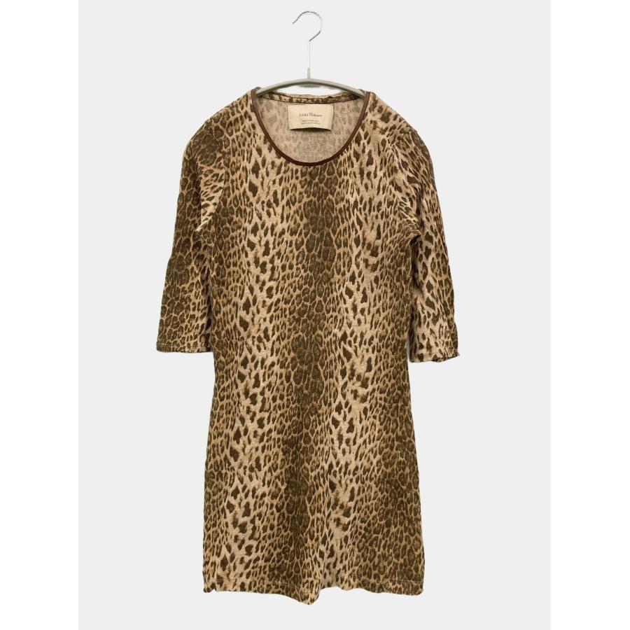 ZARA ザラ ワンピース M ブラウン リネン・麻 レオパード柄 半端袖 ショート・ミニ丈 タイト レディース | ZARA
