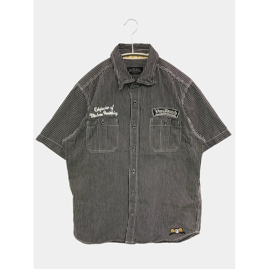 Von Dutch ヴォンダッチ シャツ/ブラウス L ブラック コットン ストライプ柄 ワンポイント ミドル丈 半袖 バックプリント メンズ | 