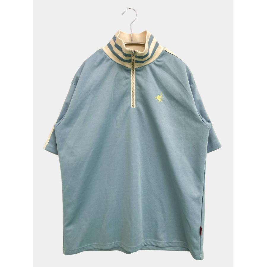 JaVa ジャバ Tシャツ/カットソー L スカイブルー 無地 ワンポイント ライン柄 ミドル丈 半袖 タートルネック/ハイネック レディース | 