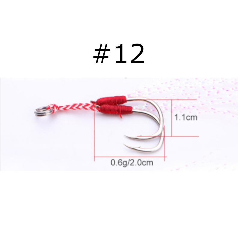 ダブルアシストフック　10組セット＊２個（20組セット）Sサイズ（#12)Mサイズ（#14）Lサイズ（#16)メタルジグ　タルバイブのアシストフックに　ティンセル付き |  | 01