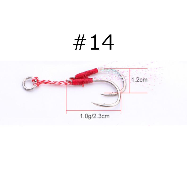 ダブルアシストフック　10組セット＊２個（20組セット）Sサイズ（#12)Mサイズ（#14）Lサイズ（#16)メタルジグ　タルバイブのアシストフックに　ティンセル付き |  | 02