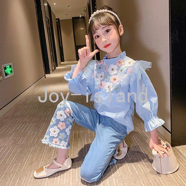 子供服 セットアップ 女の子 長袖 春服 トップス ブラウス シャツ 花柄 ロングパンツ デニムパンツ 長ズボン 韓国子供服 ジュニア おしゃれ 可愛い 新品 内祝い