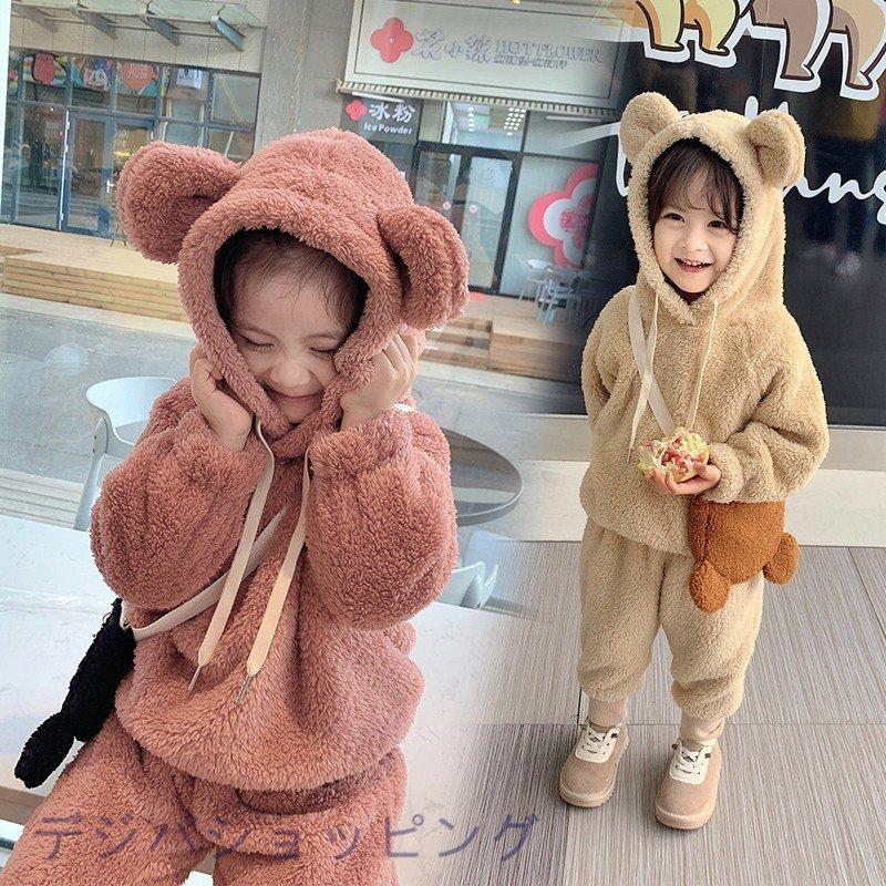 子供服 セットアップ男女兼用 女の子ベビー キッズ 厚手 秋冬耳付き 3点セット 韓国パーカー 長ズボン 可愛い おしゃれ 暖かい部屋着 柔らかい 防寒着 送料無料カード決済可能