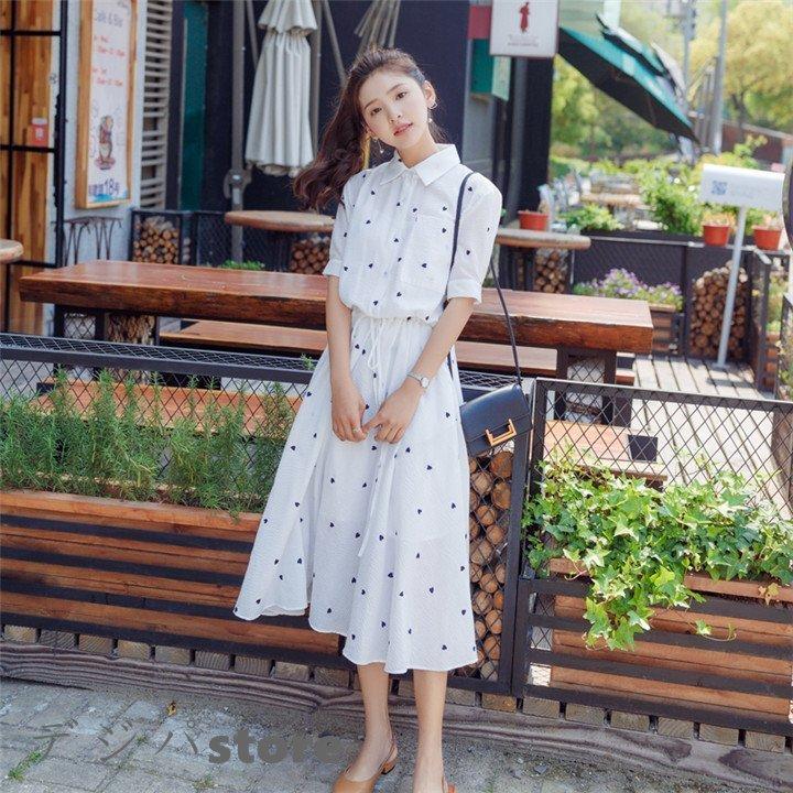 夏 白ワンピース 韓国ファション 韓国風 袖デザイン 半袖 襟付き スプライス ハート柄 おしゃれワンピース 膝丈 韓国ワンピース Geqfbm5bpg レディースファッション Sprintmart Com