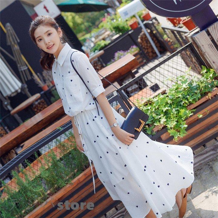 夏 白ワンピース 韓国ファション 韓国風 袖デザイン 半袖 襟付き スプライス ハート柄 おしゃれワンピース 膝丈 韓国ワンピース Geqfbm5bpg レディースファッション Sprintmart Com