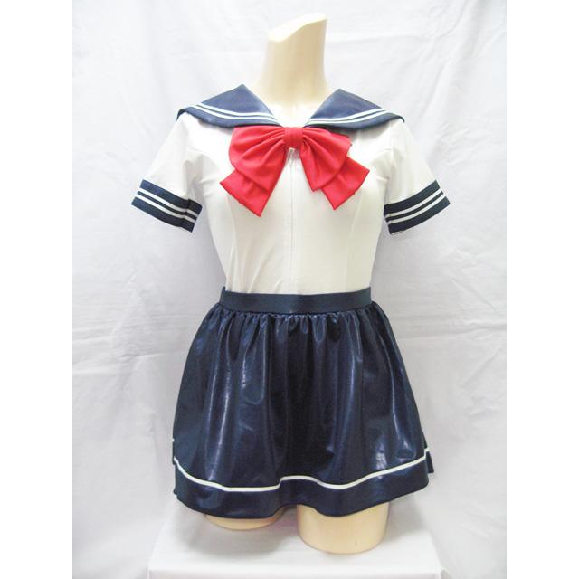 スーパーウェット素材セーラーカラースクール水着＆ライン入りスカートセット 