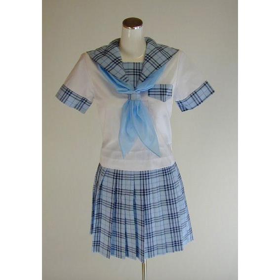 夏水色チェック セーラー服 上下セット (半袖 学校制服 学販 スクール オリジナル スカーフ付,40cm丈） :z-023-5419-40