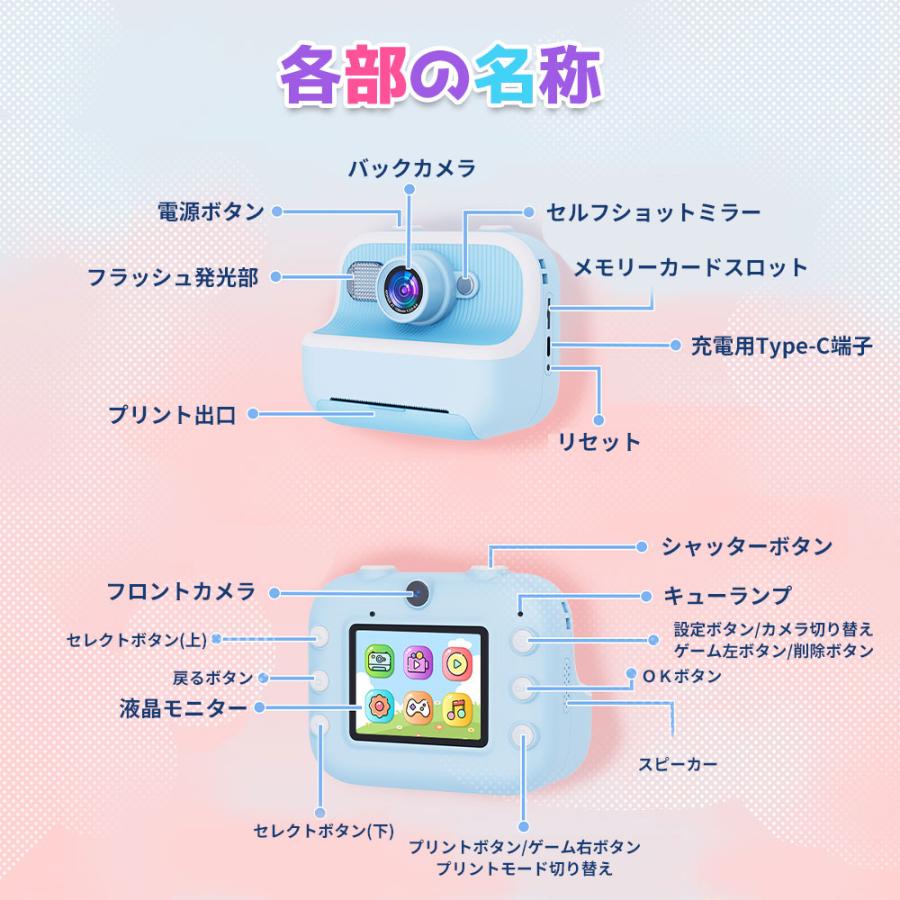 プリンター付き キッズデジタルカメラM18 bブルー32GBカード付き 感熱
