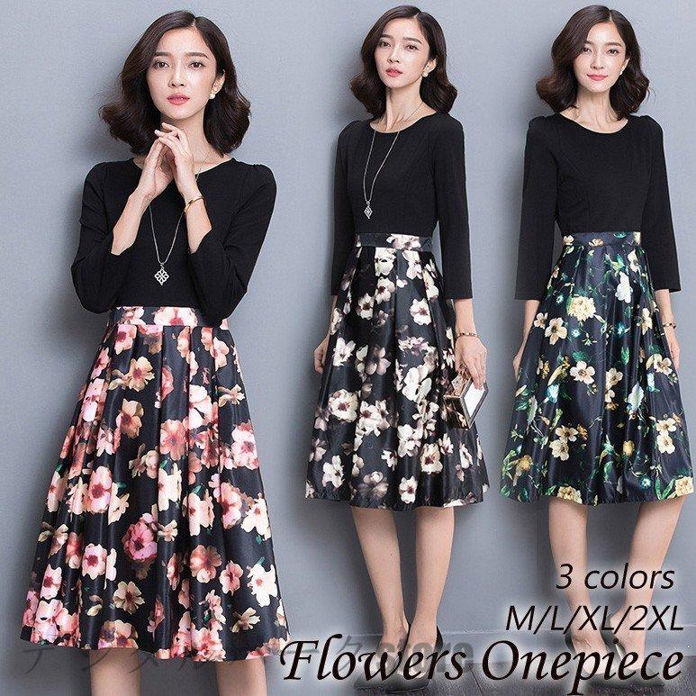 ワンピース レディース 膝丈ワンピース 春 花柄ワンピース七分袖 きれいめワンピースロング丈 着痩せ 通勤 Ol 結婚式 パーティー ドレス 大人 上品 3色 手数料無料