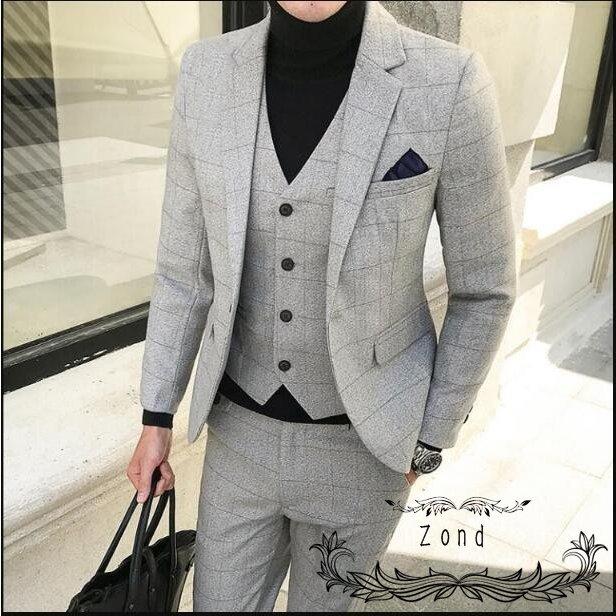 スリーピース スーツ メンズ チェック柄 ビジネススーツ 結婚式 三点