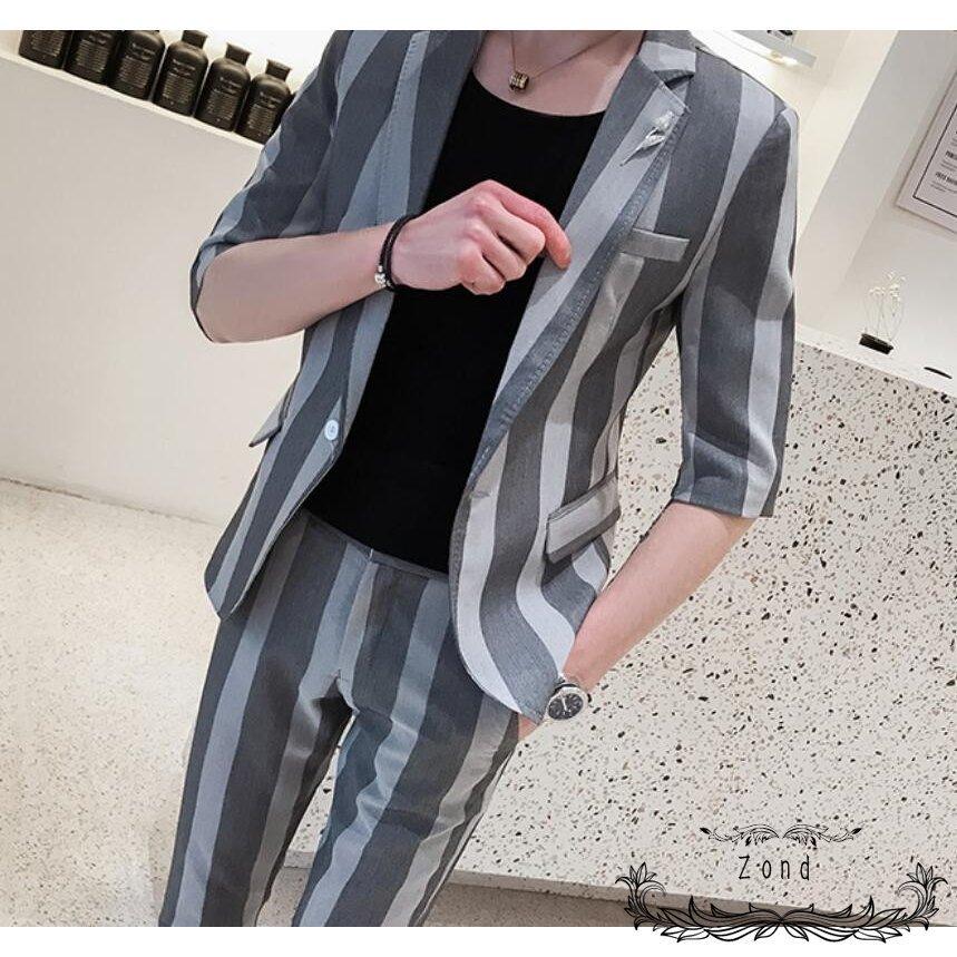日本未入荷 入手困難 格好良い メンズスーツ カジュアル 七分袖 ストライプ柄 薄手 着痩せ 2点セット 春夏 一つボタン ジャケット 九分丈パンツ 結婚式 Ol 代30代40代 大きいサイズ Saleセール Www Cejascreativas Com