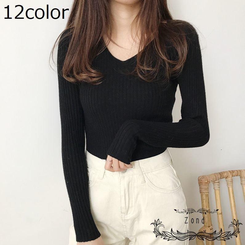 ベビーグッズも大集合 ニット セーター 長袖 リブニット レディース Vネック タイト スリム 無地 シンプル カジュアル 上品 暖かい 防寒 秋冬 プルオーバー トップス Wantannas Go Id