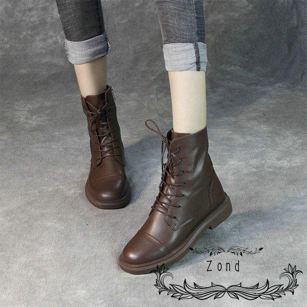 6360円 生まれのブランドで 本革 ショートブーツ レディースシューズ ローヒール 裏起毛 靴 カジュアルシューズ レースアップ 美脚 歩きやすい 秋冬新作