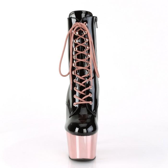 Pleaser プリーザー ショートブーツ 厚底 18 cm ヒール 黒 ブラック エナメル ローズゴールド レースアップ 大きいサイズ ハイヒール レディース メンズ 取寄 | Pleaser | 01