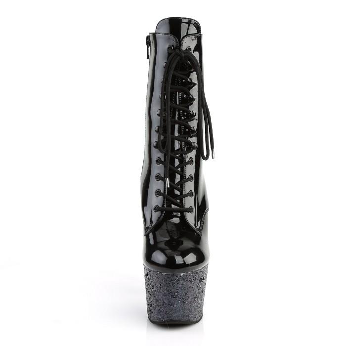 Pleaser プリーザー ショートブーツ 厚底 18 cm ヒール 黒 ブラック エナメル グリッター ラメ レースアップ 大きいサイズ ハイヒール レディース メンズ 取寄 | Pleaser | 01